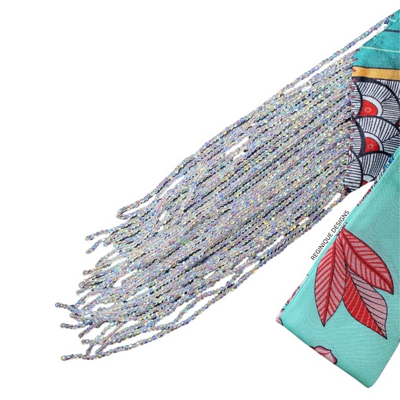 SeraBijoulet™ Handcrafted Silk Skinny Scarf with Beaded Fringe - Picture 5 of 6